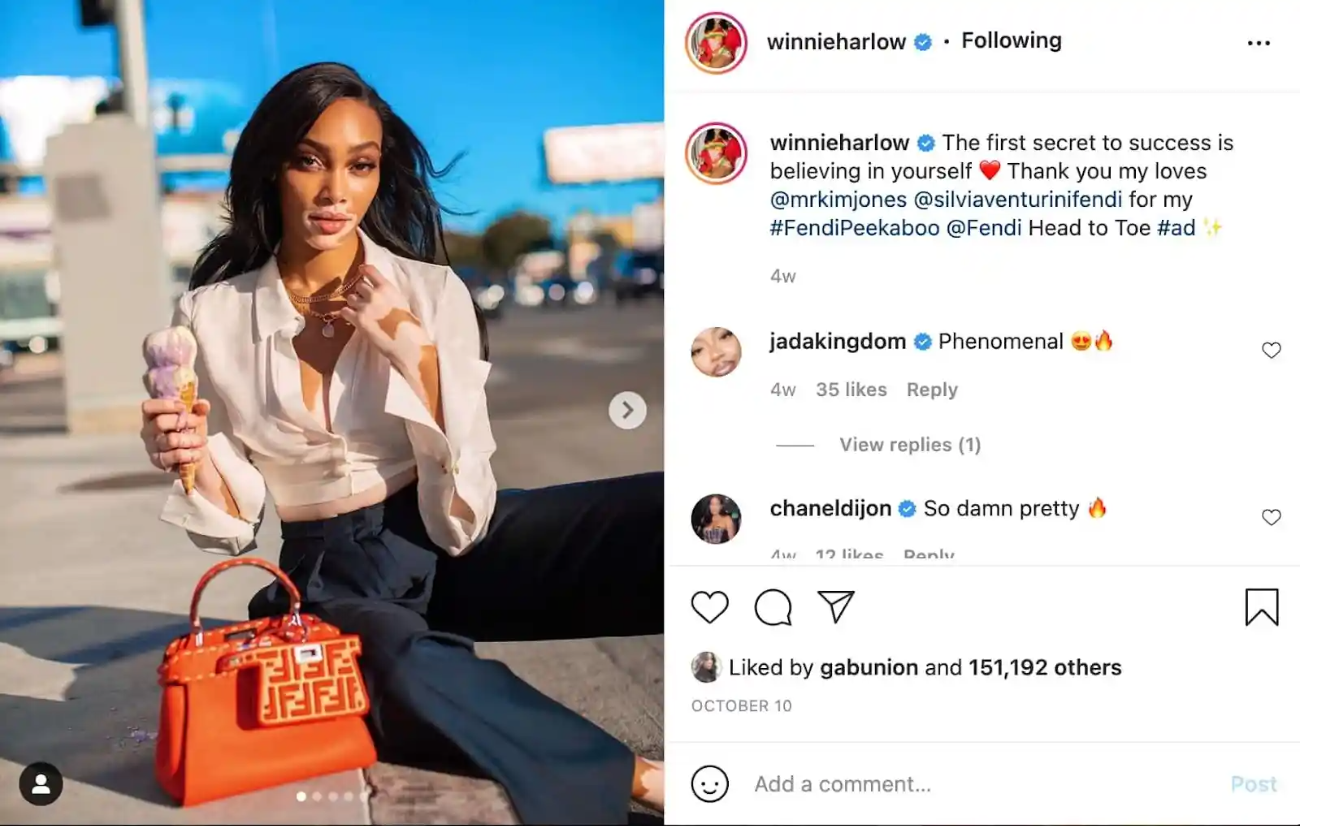 Model Winnie Harlow advertising several brands via Instagram